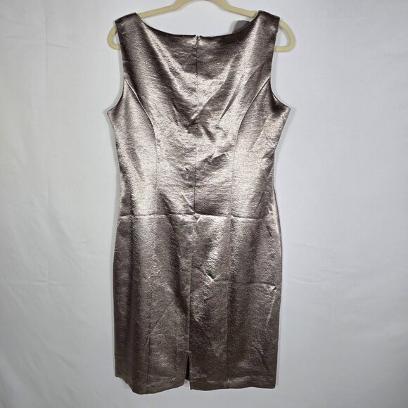 Dress Barn Party Dress Sz 14 Taupe Satin Midi Ruffle Sleeveless V Ruched Evening - Picture 2 of 8